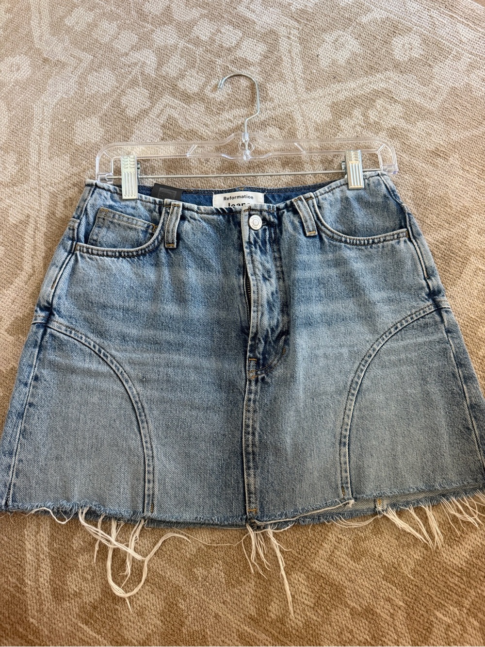 Reformation Light Blue Denim Mini Skirt with Raw Hem